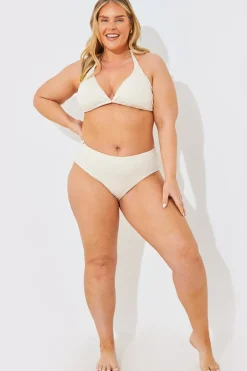 New In the Style Rib Boomerang High Leg Bikini Bottom Cream