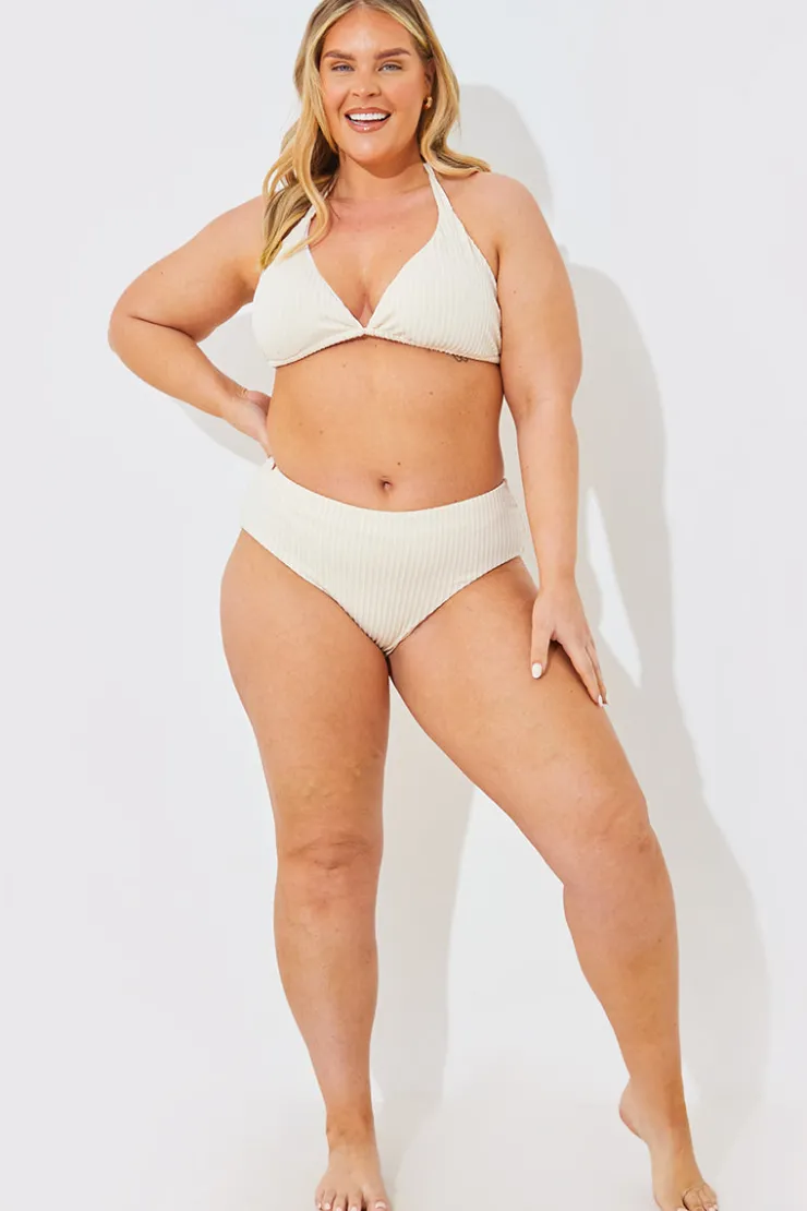 New In the Style Rib Boomerang High Leg Bikini Bottom Cream