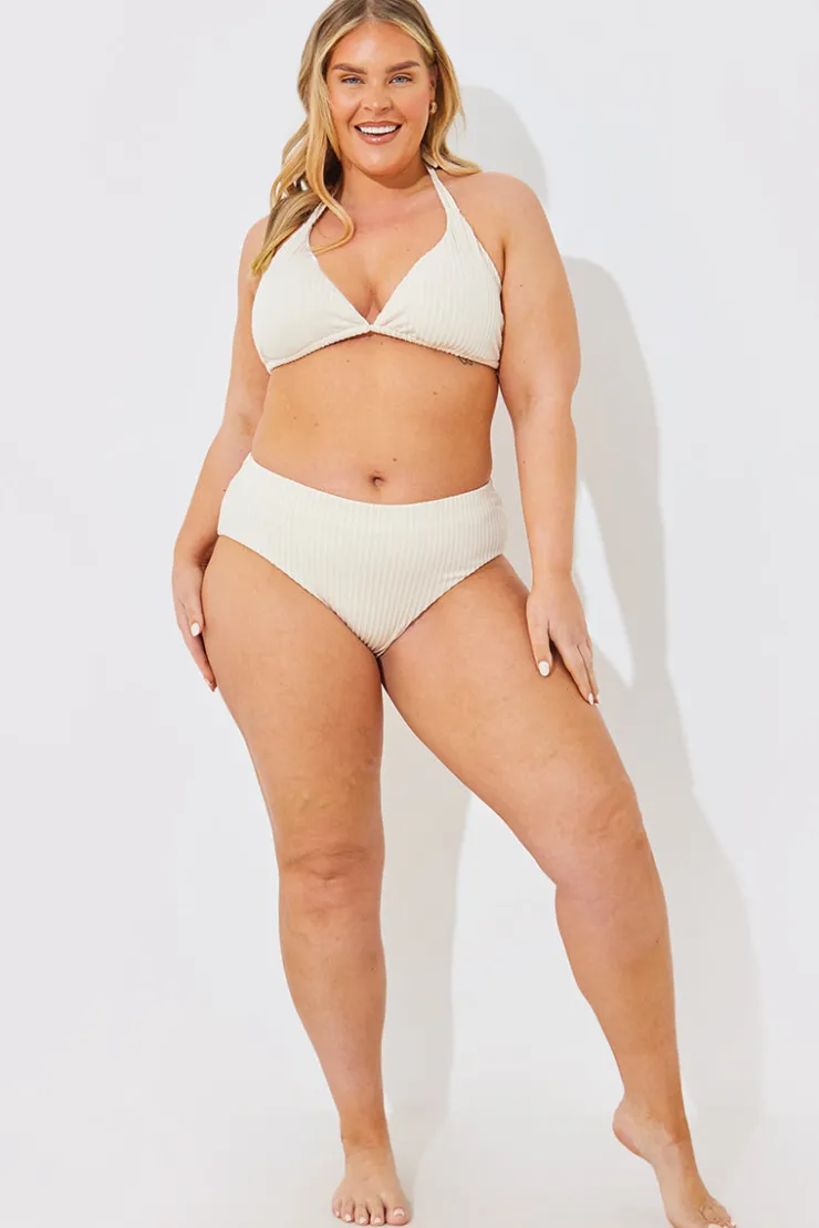 New In the Style Rib Double Strap Detail Triangle Bikini Top Cream