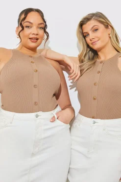 New In The Style Rib Knit Button Detail Racer Neck Bodysuit Neutral