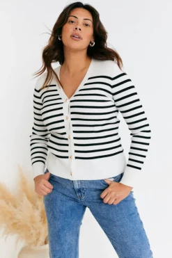 In The Style Rib Knit Button Up Stripe Cardigan Cream
