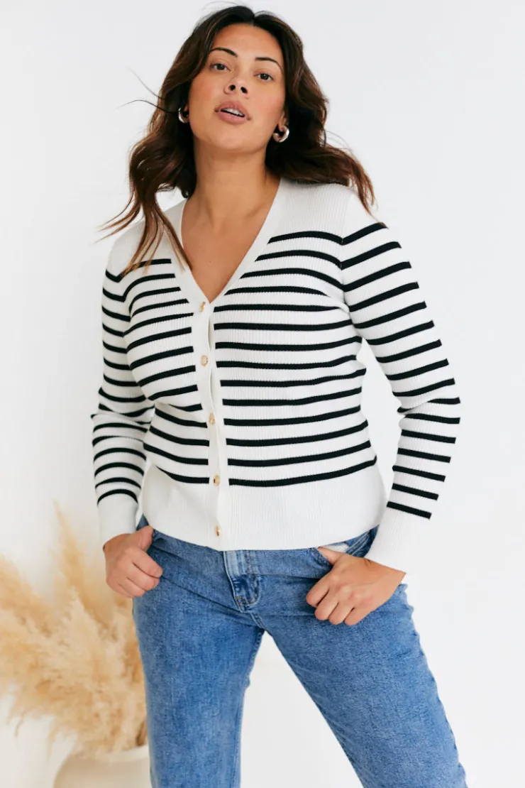In The Style Rib Knit Button Up Stripe Cardigan Cream