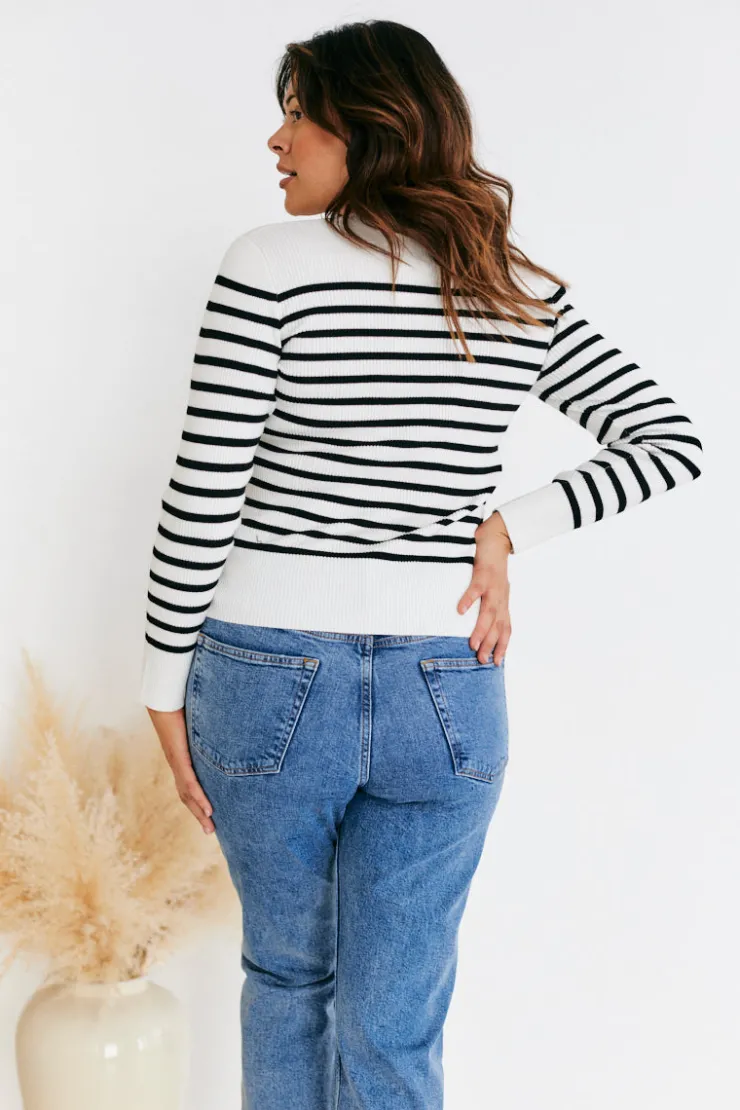 In The Style Rib Knit Button Up Stripe Cardigan Cream