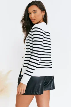 In The Style Rib Knit Button Up Stripe Cardigan Cream