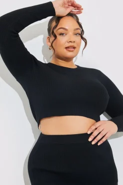 In The Style Rib Knit Crew Neck Co-Ord Top Black