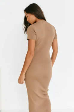 In The Style Rib Knit Crew Neck Midaxi Dress Neutral