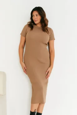 In The Style Rib Knit Crew Neck Midaxi Dress Neutral