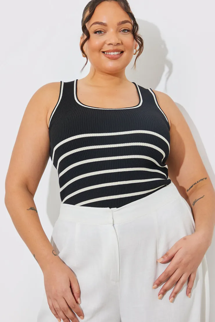 Outlet In The Style Rib Knit Scoop Neck Stripe Top Black