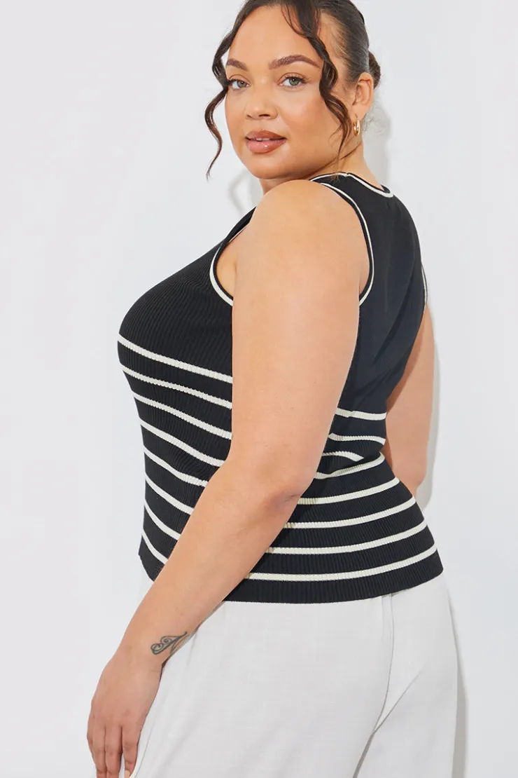 Outlet In The Style Rib Knit Scoop Neck Stripe Top Black