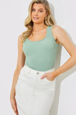 Sale In The Style Rib Knit Scoop Neck Top Green