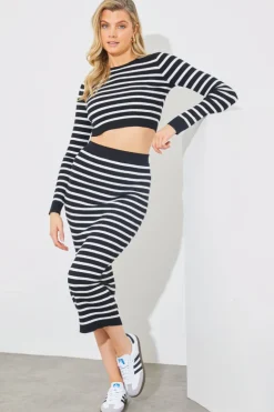 Clearance In The Style Rib Knit Stripe Crew Neck Co-Ord Top Black