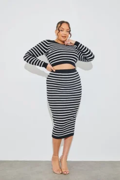 Clearance In The Style Rib Knit Stripe Crew Neck Co-Ord Top Black