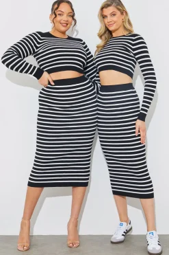 New In The Style Rib Knit Stripe High Waisted Co-Ord Midi Skirt Black