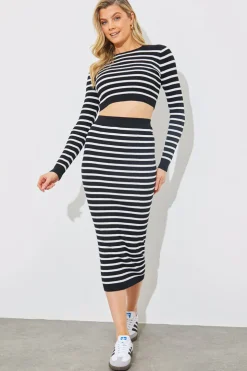 New In The Style Rib Knit Stripe High Waisted Co-Ord Midi Skirt Black
