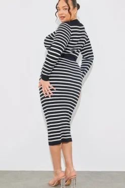 New In The Style Rib Knit Stripe High Waisted Co-Ord Midi Skirt Black