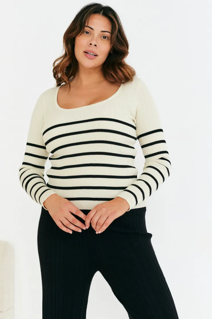 Online In The Style Rib Knit Stripe Scoop Neck Long Sleeve Top Black