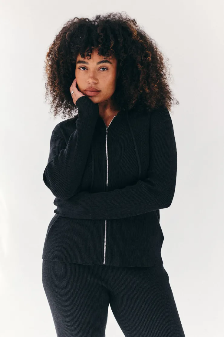 Fits Rib Knit Zip Up Co-Ord Hoodie Charcoal