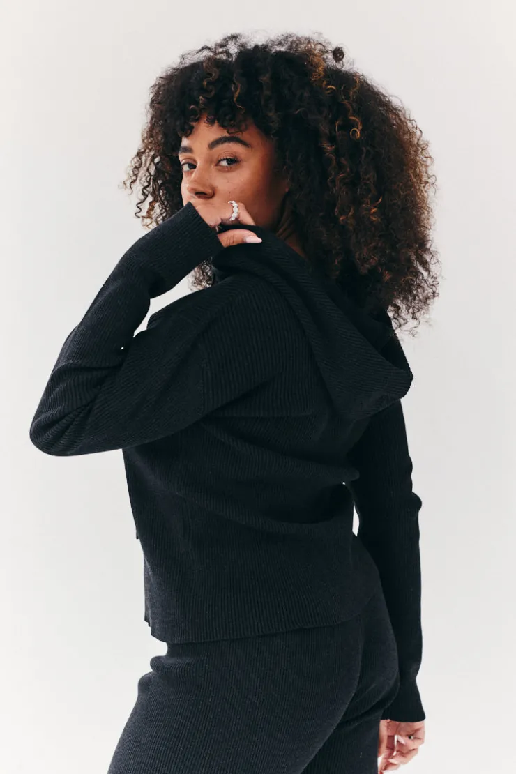 Fits Rib Knit Zip Up Co-Ord Hoodie Charcoal