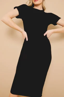 Outlet In The Style Ribbed Crew Neck Short Sleeve Midi Dress Black