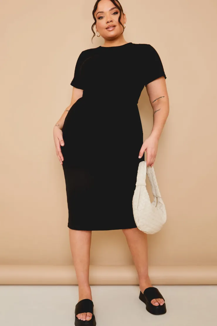 Outlet In The Style Ribbed Crew Neck Short Sleeve Midi Dress Black