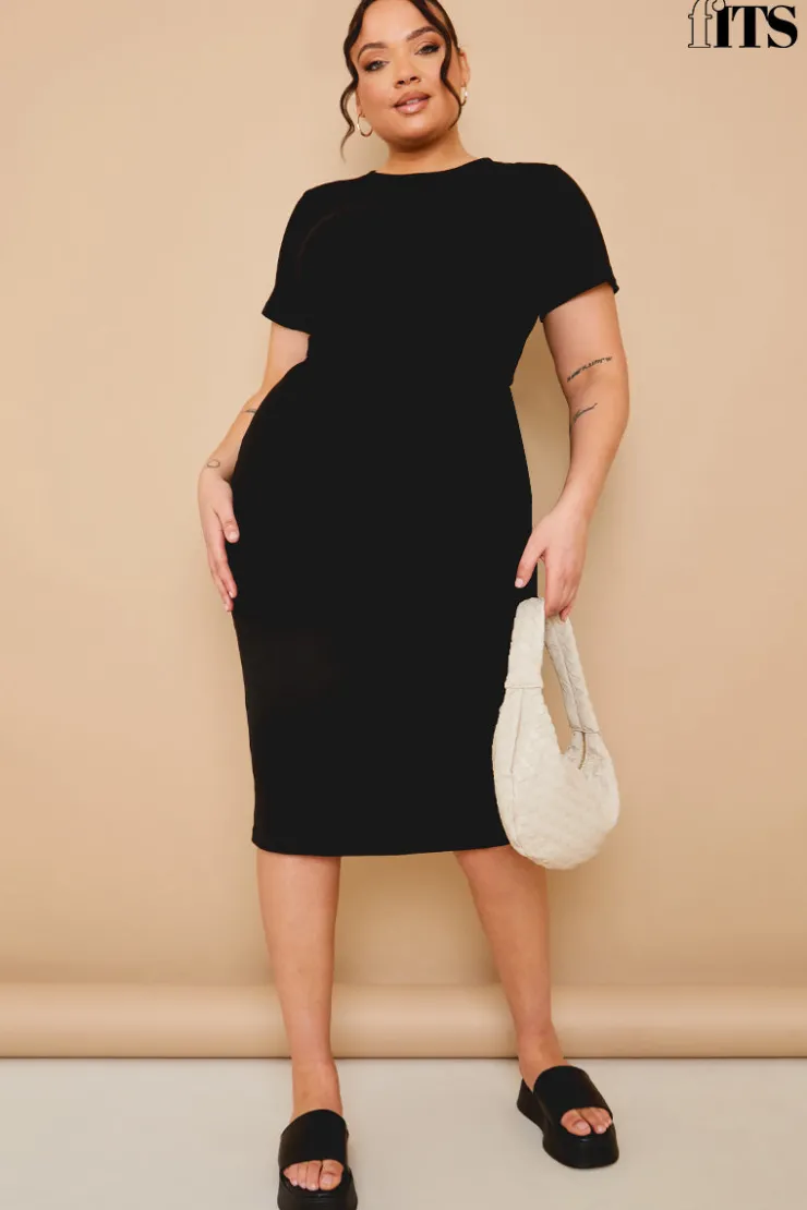 Outlet In The Style Ribbed Crew Neck Short Sleeve Midi Dress Black