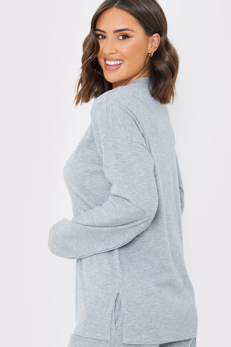 In the Style Ribbed Longsleeve Co Ord Top Grey