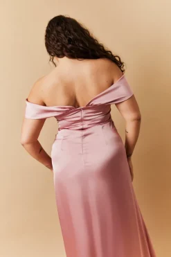 Best In The Style Satin Bardot Ruched Maxi Dress Rose pink
