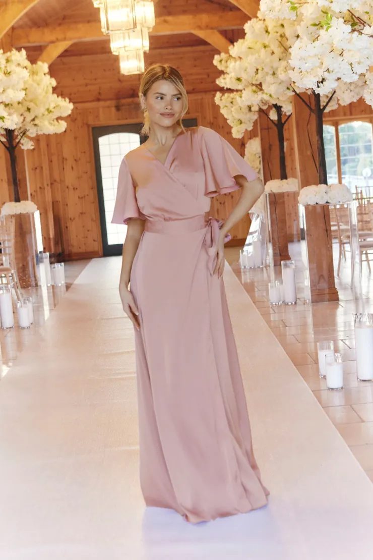 Best In The Style Satin Wrap Tie Angel Sleeve Maxi Dress Rose pink