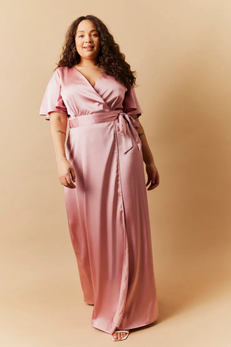 Best In The Style Satin Wrap Tie Angel Sleeve Maxi Dress Rose pink