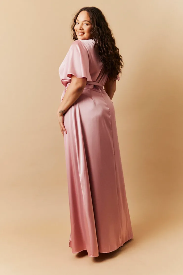 Best In The Style Satin Wrap Tie Angel Sleeve Maxi Dress Rose pink