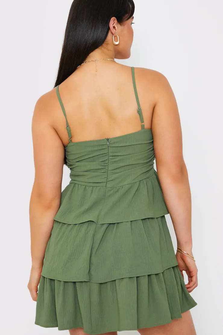 Sale In the Style Ruched Bust Tie Detail Frill Mini Dress Green