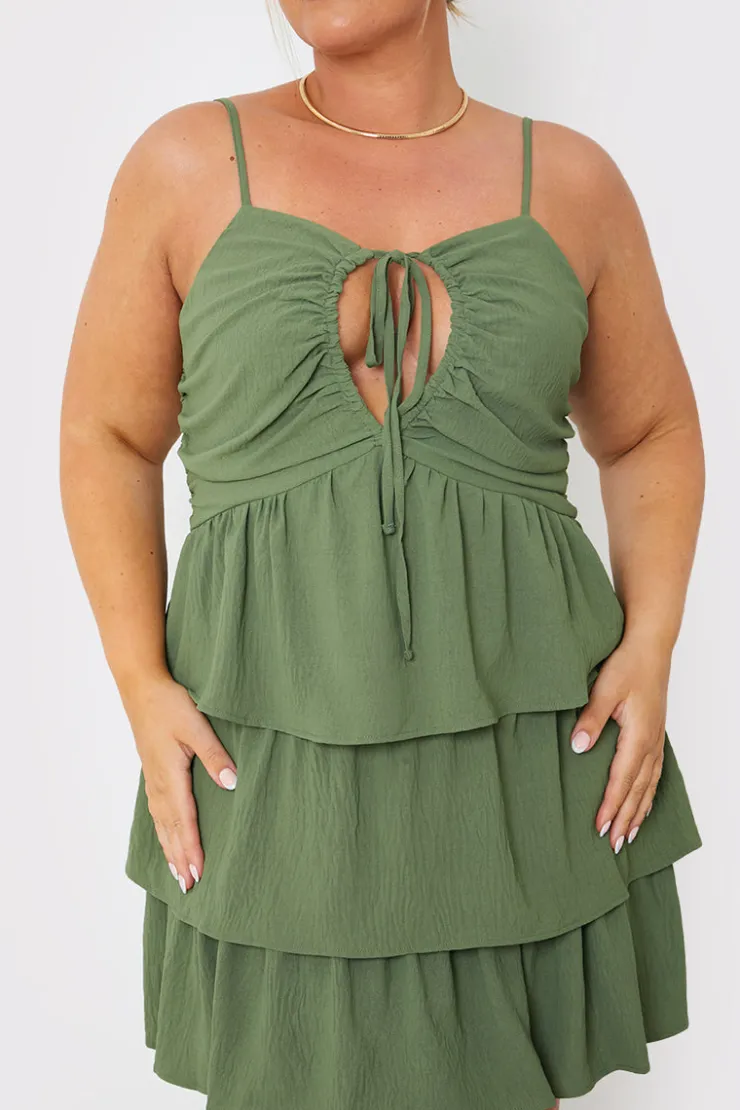 Sale In the Style Ruched Bust Tie Detail Frill Mini Dress Green