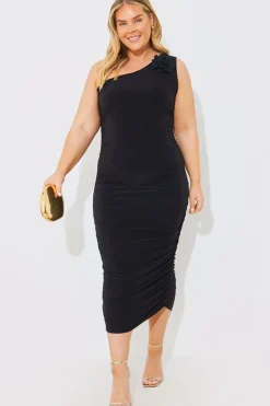 Outlet In the Style Ruched Corsage Detail Midi Dress Black