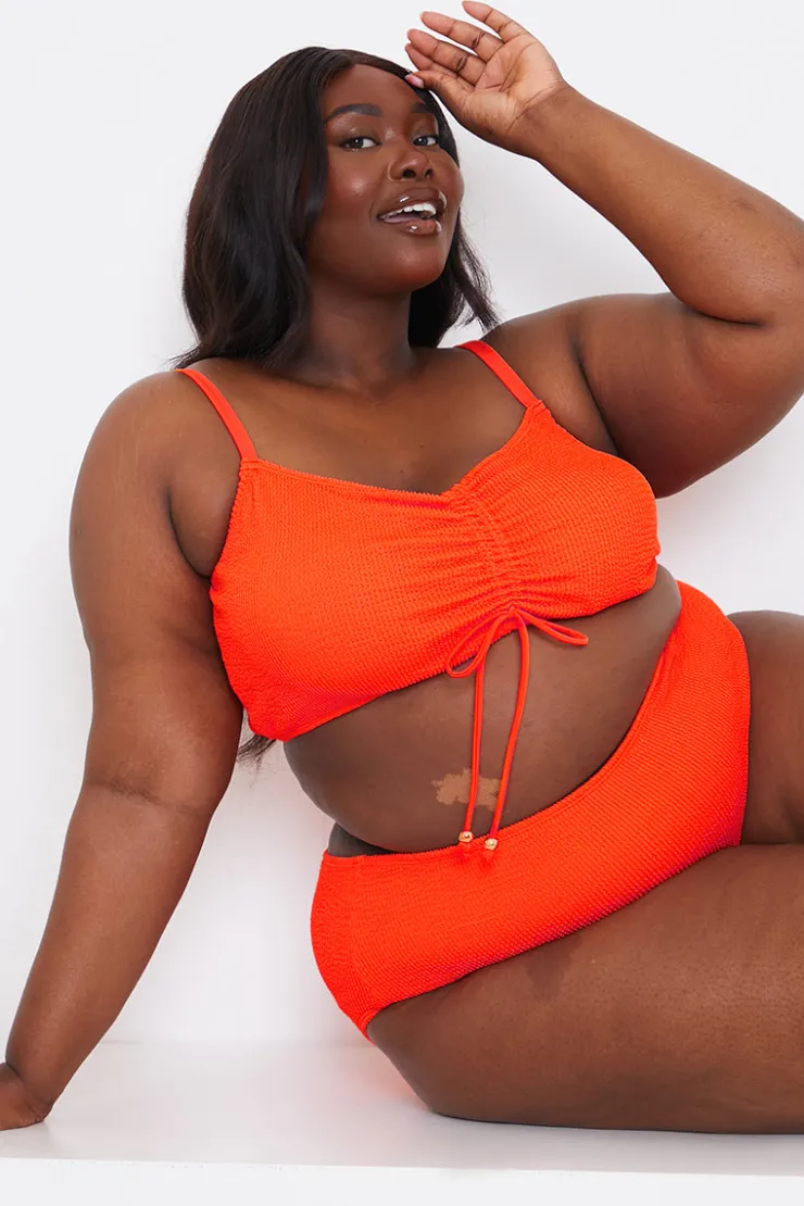 Best In the Style Ruched Front Crinkle Bikini Top Orange