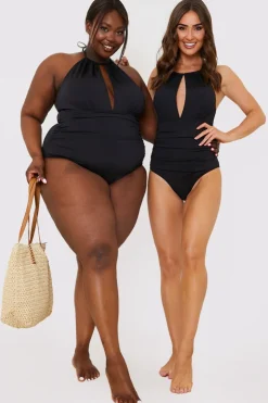 Best In the Style Ruched Halter Neck Swimsuit Black