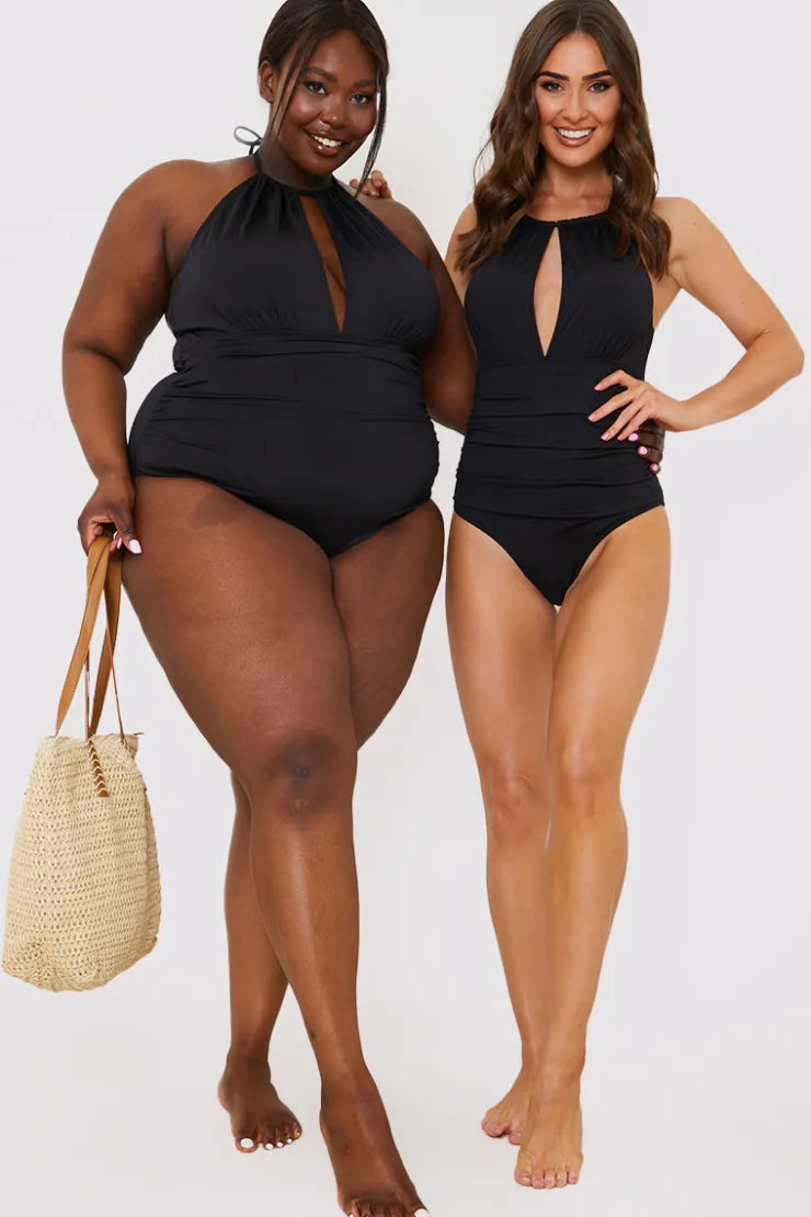Best In the Style Ruched Halter Neck Swimsuit Black