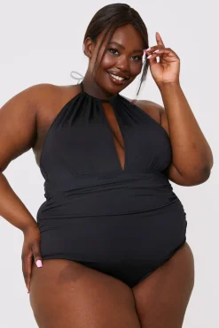 Best In the Style Ruched Halter Neck Swimsuit Black
