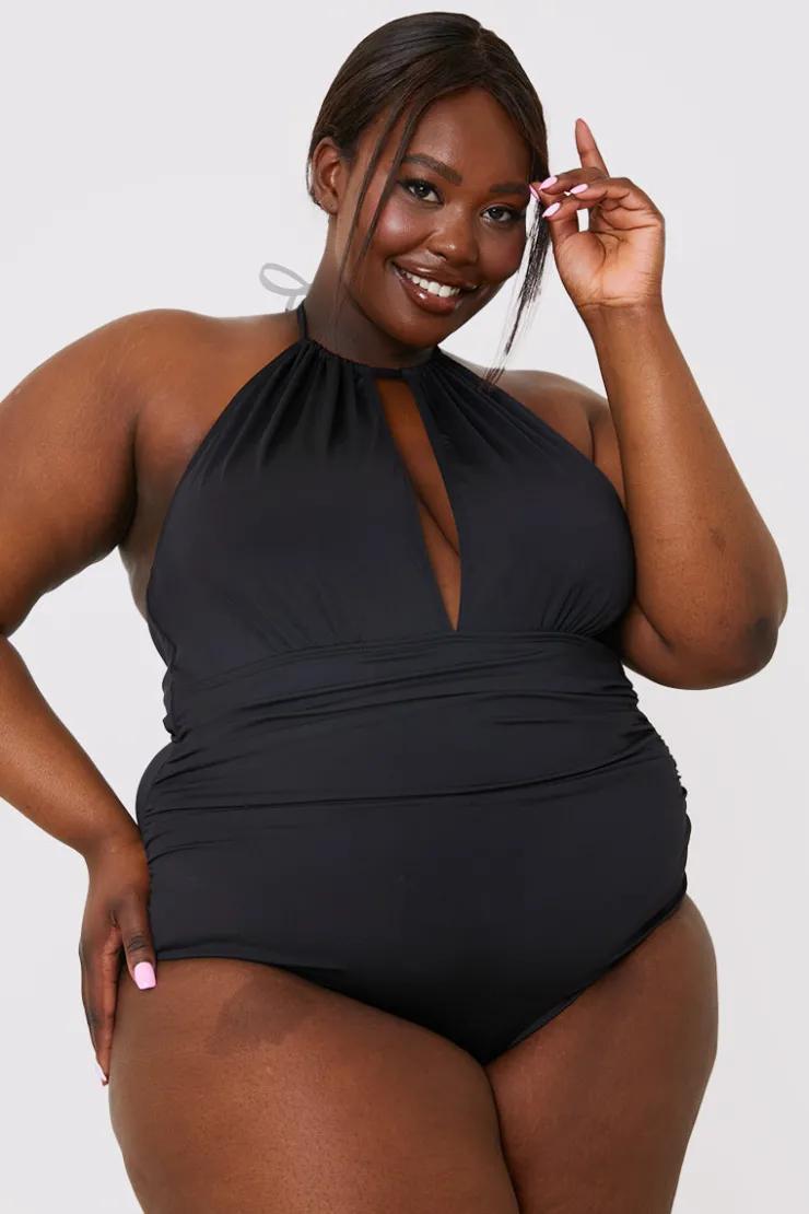 Best In the Style Ruched Halter Neck Swimsuit Black