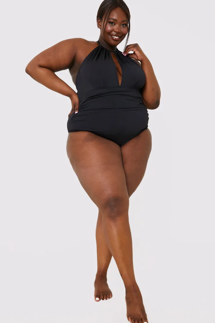 Best In the Style Ruched Halter Neck Swimsuit Black