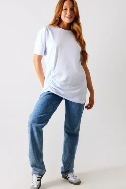 Outlet In The Style Ruched Longline Aysmmetric T-Shirt White