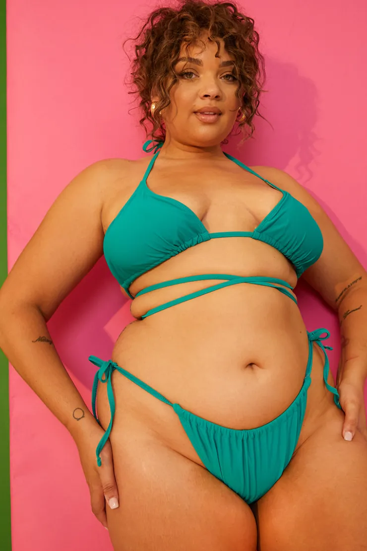 Online In the Style Ruched Tie Waist Bikini Bottoms Green