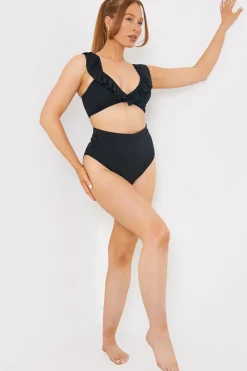 Outlet In The Style Ruffle Neck Bikini Top Black