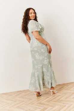 Clearance In The Style Floral Print Chiffon Flutter Sleeve Maxi Dress Sage