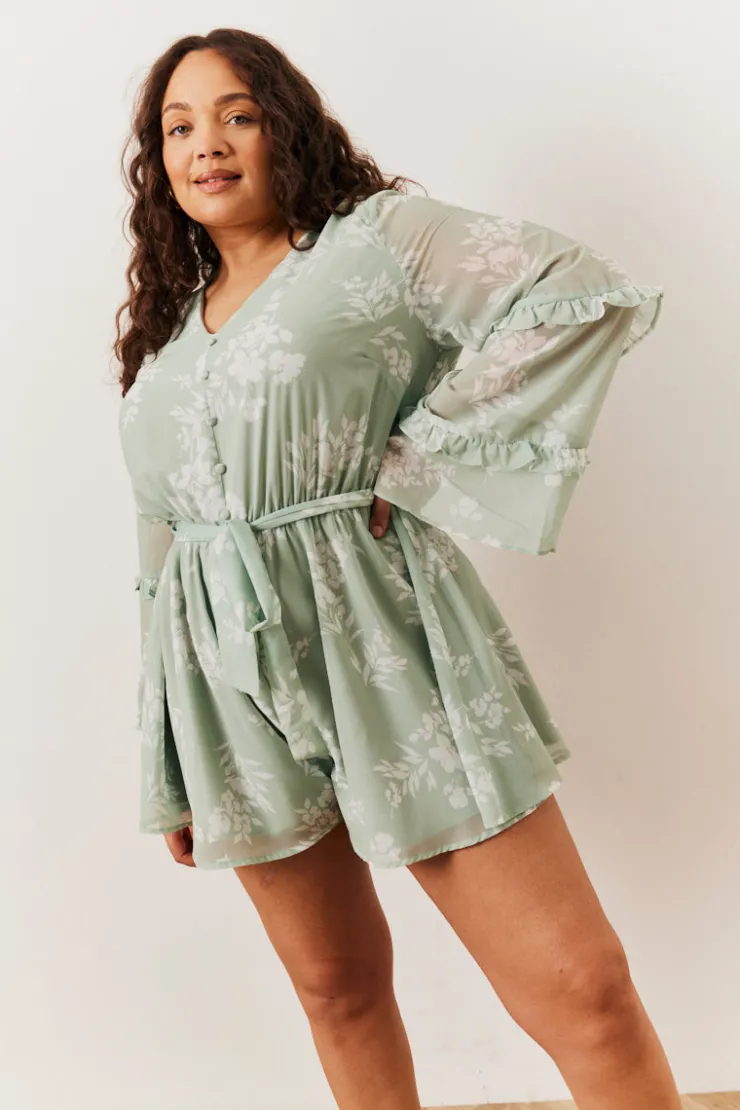 Hot In The Style Floral Print Floaty Playsuit Sage