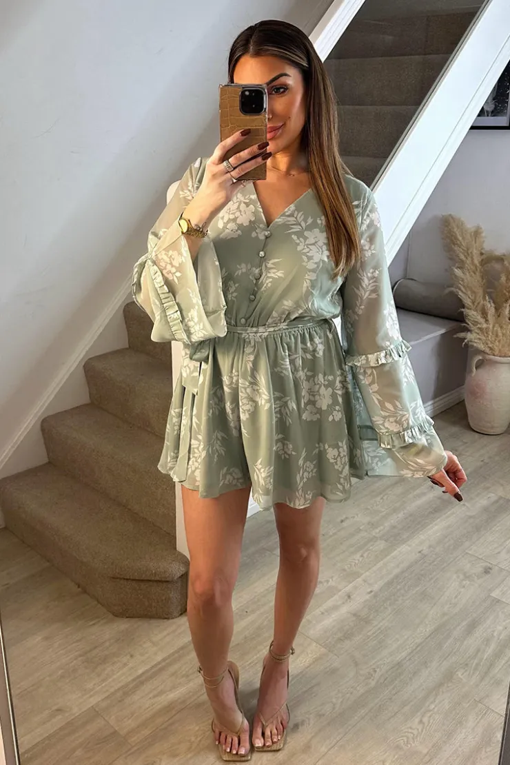 Hot In The Style Floral Print Floaty Playsuit Sage