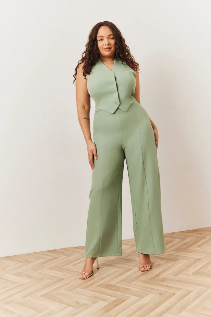 Sale In The Style Tailored Halterneck Waistcoat Wide Leg Jumpsuit Sage