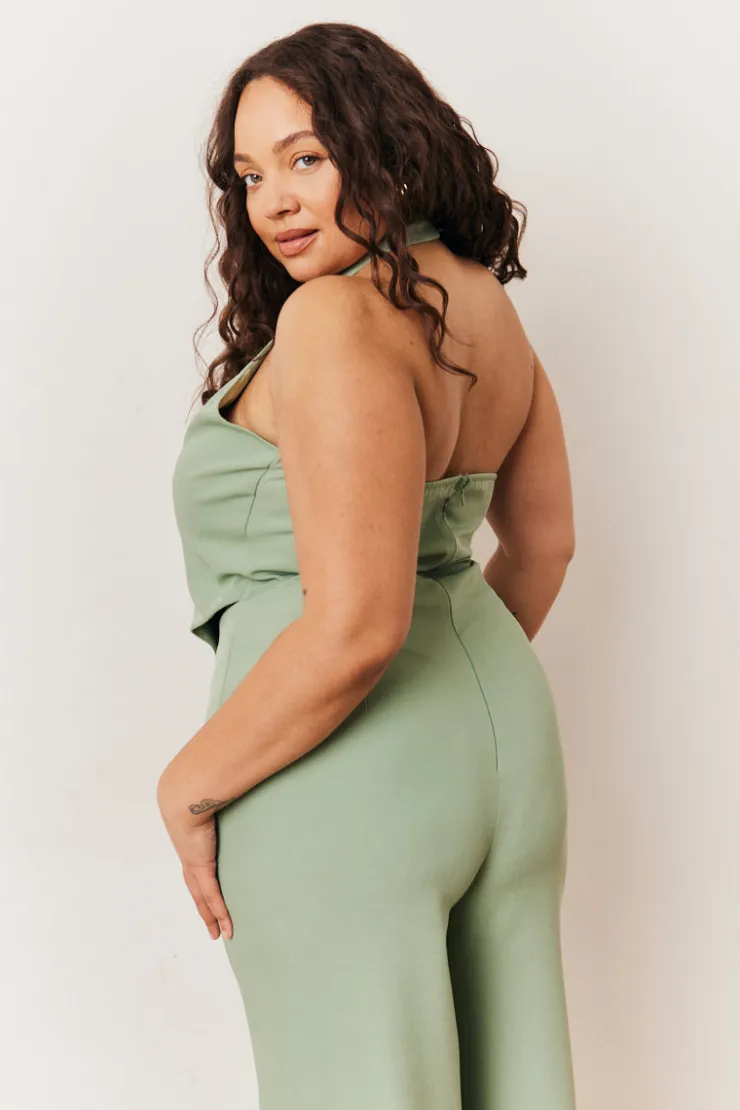 Sale In The Style Tailored Halterneck Waistcoat Wide Leg Jumpsuit Sage