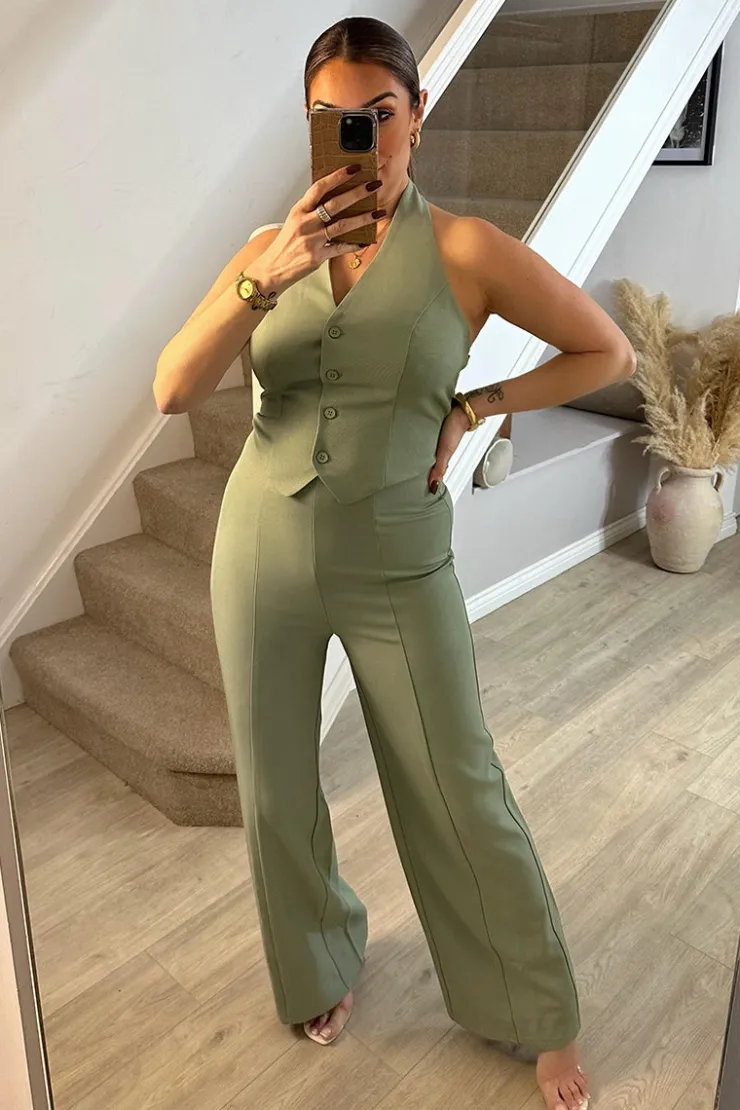 Sale In The Style Tailored Halterneck Waistcoat Wide Leg Jumpsuit Sage