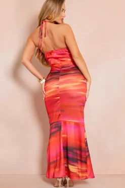Discount In the Style Satin Abstract Print Halterneck Midaxi Dress Pink