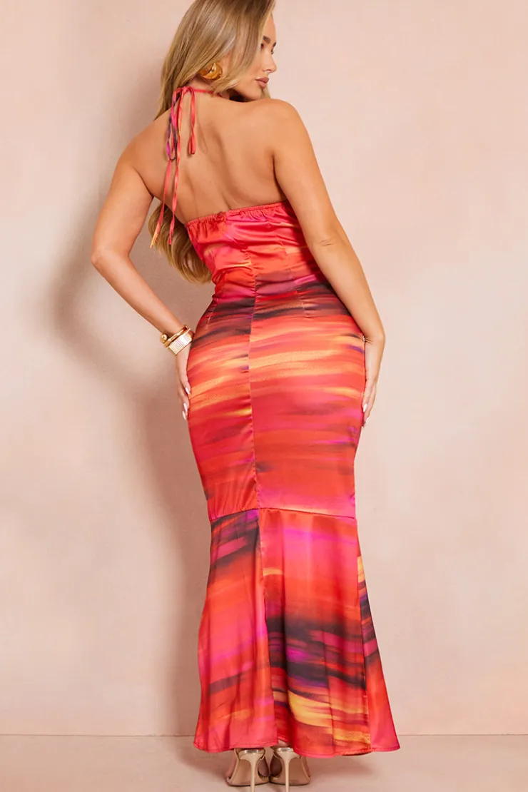 Discount In the Style Satin Abstract Print Halterneck Midaxi Dress Pink